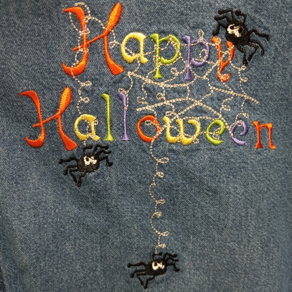 Vintage Halloween Denim Button Up Shirt Embroidered Spiders Grandmacore XL FLAW - Picture 3 of 13
